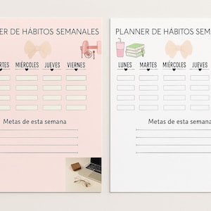 Planner de hábitos semanales en PDF- 2 Colores (Blanco y Rosa)- Planificador A4 para imprimir- Descargable instantáneo.