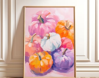 Colorful Pumpkin Painting – Pastel Fall Decor, Pink Orange Purple Halloween Wall Art, Digital Download