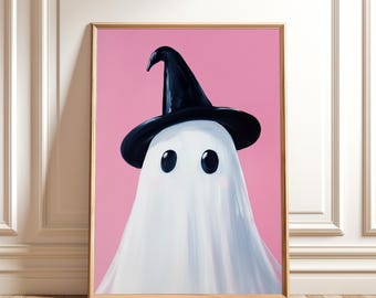 Pink Halloween Ghost Painting – Witch Hat Wall Art, Spooky Digital Download Decor