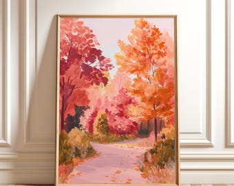 Autumn Forest Wall Art - Fall Landscape Painting, Colorful Foliage Print, Rustic Path Digital Download
