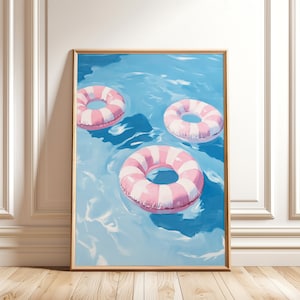 Pink Pool Inner Tube Painting - Summer Print for Beach House Decor - Trendy Blue Swimming Pool Art - Girly Wall Decor