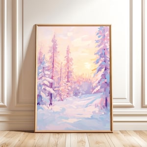Pink Winter Forest Print – Pastel Christmas Tree Landscape Wall Art, Digital Download