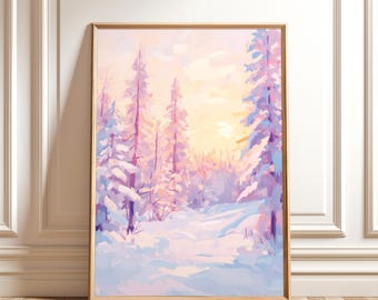 Impresión de bosque invernal rosa: arte mural con paisaje navideño en tonos pastel, descarga digital