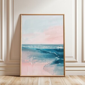 Pink Abstract Beach Painting – Coastal Ocean Wall Art, Pastel Summer Seascape Print, Digital Download