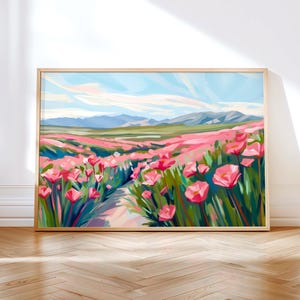 Pink Poppy Landscape Painting - Colorful Wildflower Wall Art Print - Pink Floral Digital Download - California Poppy Landscape