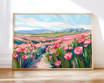 Pink Poppy Field Print – California Wildflower Landscape Wall Art, Floral Digital Download