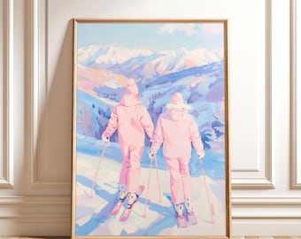 Pastel Skiing Print – Pink Snowy Mountain Wall Art, Winter Sports Digital Download