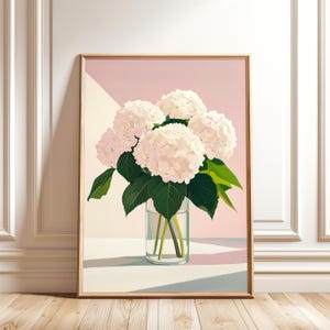 Hydrangea Flower Painting - Pink Botanical Print - White Bouquet Digital Art for Trendy Girly Wall Decor