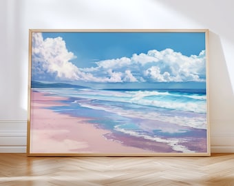 Coastal Beach Painting – Pastel Ocean Summer Wall Art, Seascape Landscape Print, Digital Download Decor