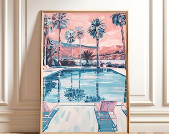パームスプリングスのプールプリント - レトロな夏のウォールアート、ピンクの海岸デジタルダウンロード