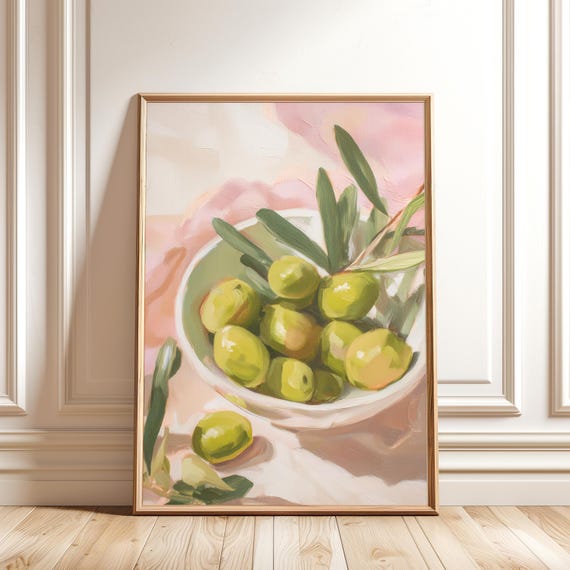 Green Olive Wall Art, Mediterranean Kitchen Decor Print, Rustic Farmhouse Food Artwork, Digital Download