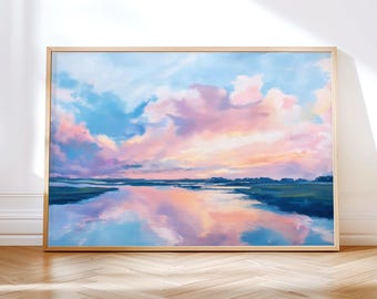 Pastell solnedgångsväggkonst - Färgglad himmel- och vattenreflektionsmålning, landskapstryck, digital nedladdning