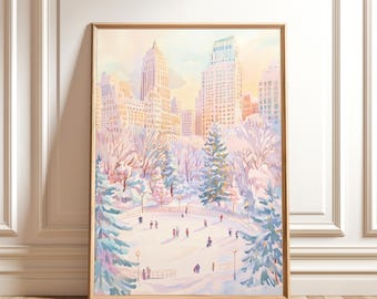 Christmas in NYC Print – Pastel Central Park Ice Skating Wall Art, Holiday Digital Download