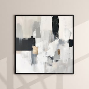 Puede incluir: Pintura abstracta en tonos negros, blancos y grises. La pintura presenta formas geométricas y pinceladas, creando una estética moderna y minimalista.