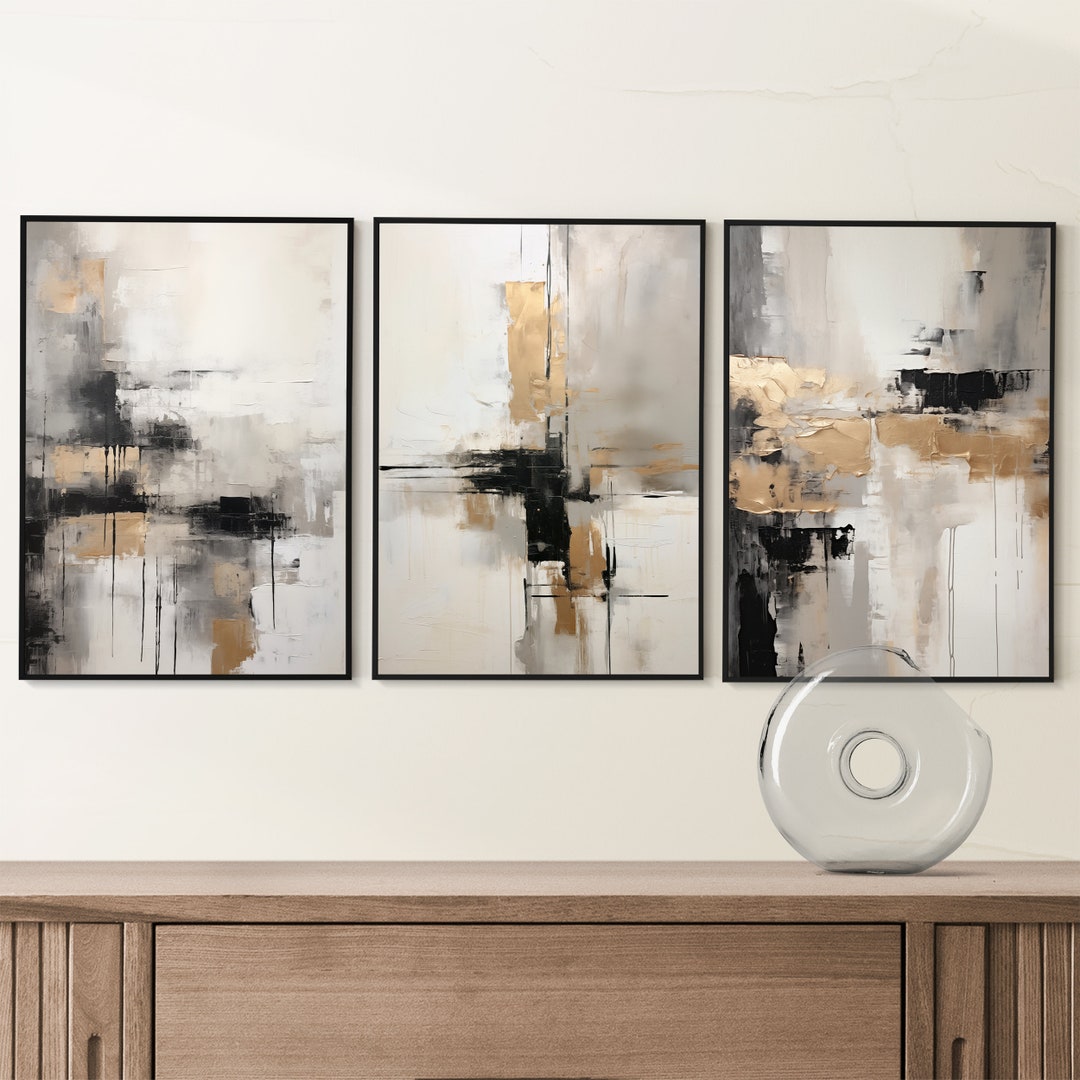 Gray and Gold Abstract Wall Art Set of 3 – Modern Minimalist Prints ...