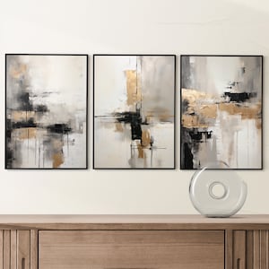 Conjunto de arte de parede para galeria moderna - impressões em cinza e dourado - decoração abstrata minimalista - arte dourada para impressão - conjunto de arte de parede moderno com 3 impressões abstratas
