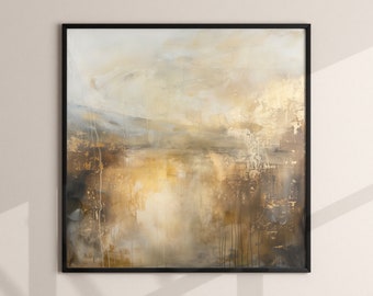 May include: Abstract painting in a black frame with a landscape scene of brown, gold, and white colors. The painting has a textured look with drips of paint.
