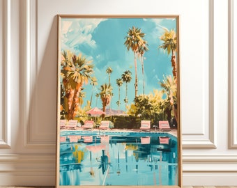 Retro Palm Springs Pool Print – Summer Wall Art, Coastal Beach House Digital Download