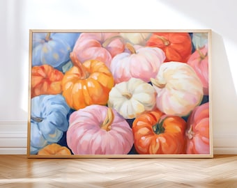Colorful Pastel Pumpkins Painting, Fall Halloween Autumn Wall Art Print, Digital Download Decor