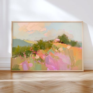 Pintura abstracta de paisaje colorido - Impresión de arte mural moderno en tonos pastel - Descarga digital primavera-verano - Impresión de pinceladas artísticas - Decoración de pared