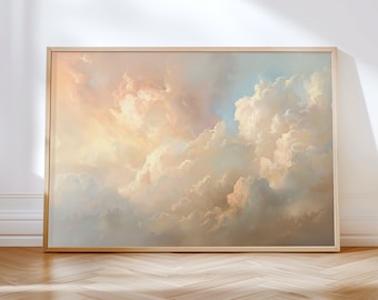 Clouds Neutral Painting - Coquette Girl&#39;s Room Decor - Horizontal Large Cloudy Sky Wall Art - Digital Download