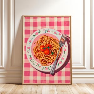 Pintura de macarrão - Arte de parede - Impressão de espaguete para cozinha - Impressão de pôster de macarrão - Decoração de sala de jantar rosa - Impressão digital de comida