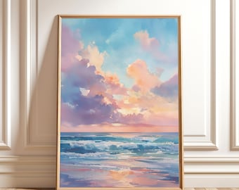 Aquarelle pastel Sunset Beach : paysage marin côtier (téléchargement numérique)