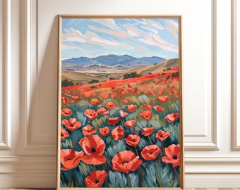 Poppy Field Painting – Red Wildflower Landscape Wall Art, Digital Download