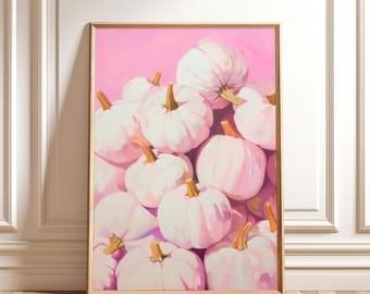 White Pumpkin Painting – Pink Autumn Halloween Wall Art, Modern Fall Digital Download