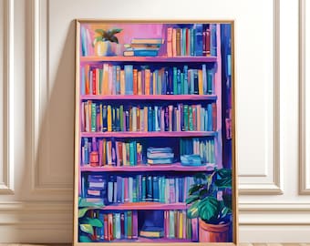 Buntes Bücherregal Gemälde - Moderne Bibliothek Wandkunst, Abstrakter Buchliebhaber Druck, Lebhaftes Lesedekor