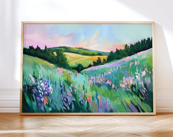 Farbenfrohe Wildblumen Landschaftsmalerei - Frühlingswiese Wandbild, Pastell Landschaft Druck, digitaler Download