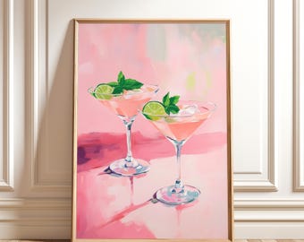 Pink Cocktail Painting – Modern Bar Cart Wall Art, Digital Download for Kitchen Decor