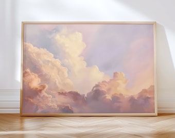 Pink Clouds Painting - Coquette Girl&#39;s Room Decor - Horizontal Large Cloudy Sky Wall Art - Digital Download