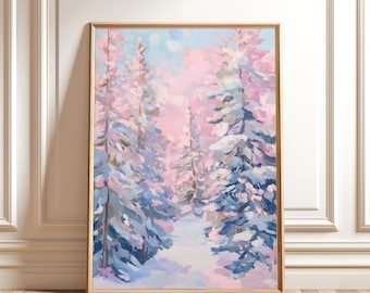 Pastel Winter Forest Print: Pink & Green Snowy Landscape (digital