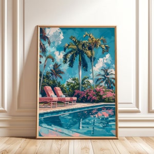 Palm Springs Pool Painting - Swimming Pool Wall Art - Retro Summer Print for Beach House Decor - Trendy Girly Art