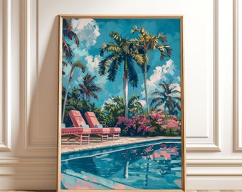 パームスプリングスのプールの絵画 - レトロな海岸沿いの壁画、夏のビーチハウスのデジタルダウンロード装飾