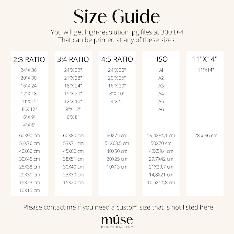 May include: Size guide with various print sizes in inches and centimeters. Includes 2:3, 3:4, 4:5 ratios, ISO sizes, and 11"x14" dimensions. The text states that the files are high-resolution JPGs at 300 DPI.