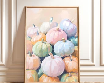 Pastel Pumpkins Painting – Colorful Autumn Wall Art, Halloween Fall Digital Download