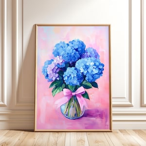 Blue Hydrangea Flower Painting - Pink Botanical Print - Colorful Bouquet Digital Art for Trendy Girly Wall Decor
