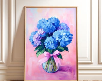 Blue Hydrangea Painting – Pink Floral Bouquet Wall Art, Botanical Digital Download