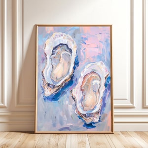 Dipinto di conchiglie di ostriche pastello - Arte murale costiera astratta colorata - Stampa estiva rosa - Decorazione per casa sulla spiaggia - Arte costiera stampabile alla moda
