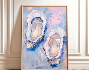 Pastel Oyster Shell Painting – Abstract Coastal Wall Art, Pink Beach House Summer Digital Download