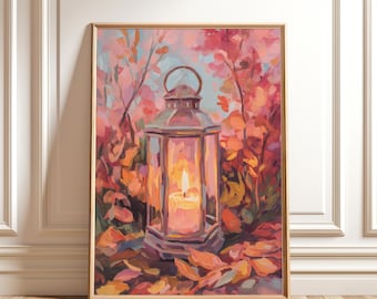 素朴なヴィンテージオイルランタン絵画 - 光るランタンの壁アート