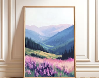 May include: A framed painting of a mountain landscape with a field of purple wildflowers in the foreground. The mountains are blue and green, and the sky is a light blue.