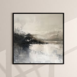 Arte de parede quadrada abstrata moderna - Impressão grande neutra - Arte quadrada bege e preta - Decoração de arte de parede japonesa - Impressão de pinceladas artísticas