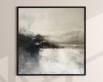 Puede incluir: Pintura abstracta en tonos de gris, blanco y negro. La pintura representa un paisaje con un primer plano oscuro y un fondo más claro. La pintura está enmarcada en un marco negro.