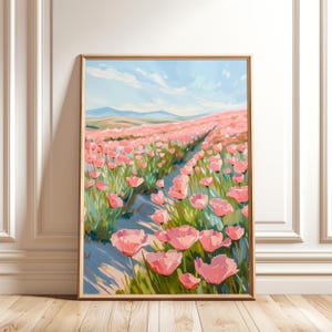 Pink Poppy Field Painting - Colorful Wildflower Landscape Wall Art Print - Pink Floral Digital Download - California Poppy Landscape