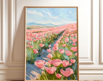 Pink Poppy Field Print – California Wildflower Landscape Wall Art, Floral Digital Download