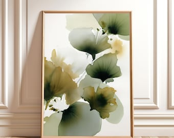Pintura floral abstracta en acuarela: impresión botánica verde oliva, arte mural de naturaleza neutra, descarga digital