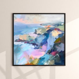 May include: Abstract painting of a seascape with blue, green, and pink hues. The painting depicts a rocky coastline with crashing waves and a cloudy sky.